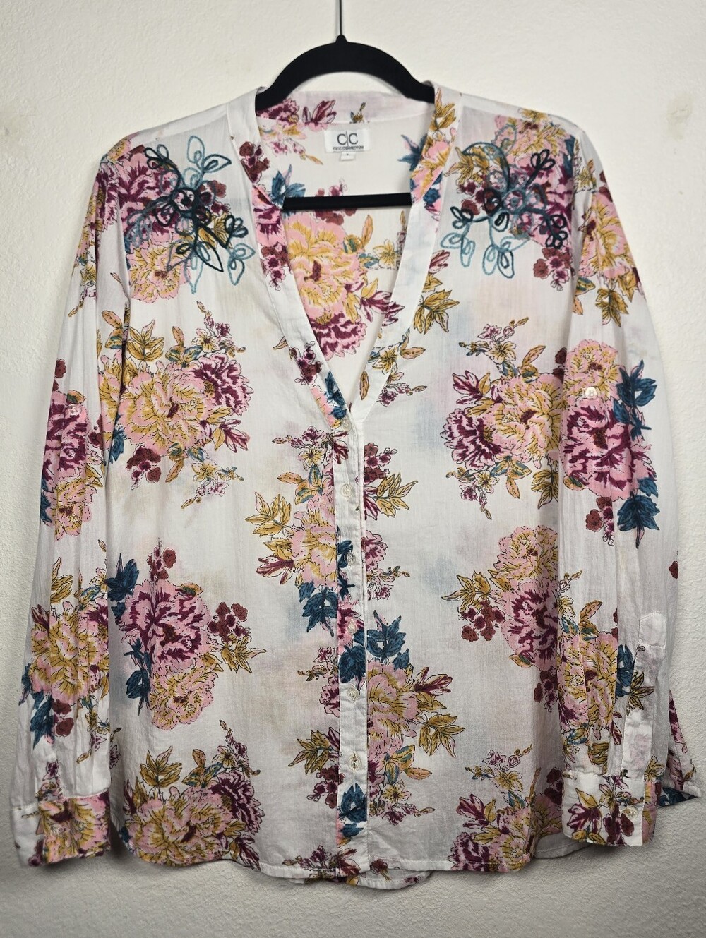 Chic Connection Floral Embroidered Cotton Blouse Top L Boho Cottagecore